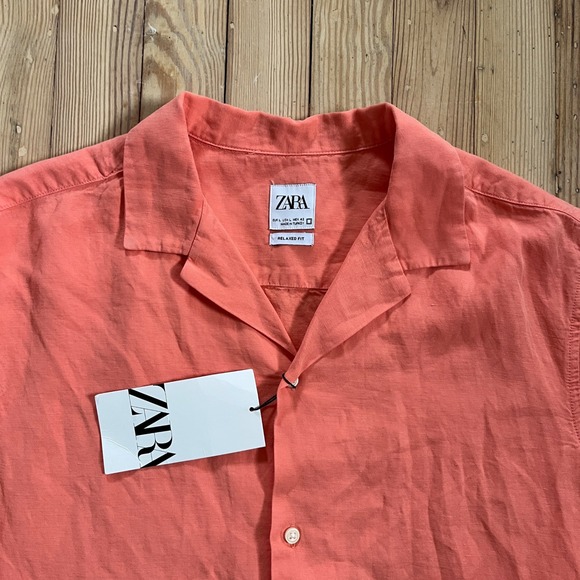 NWT ZARA Men's Coral Linen Blend Short Sleeve Relaxed Fit Camp Collar Shirt L - Picture 2 of 8